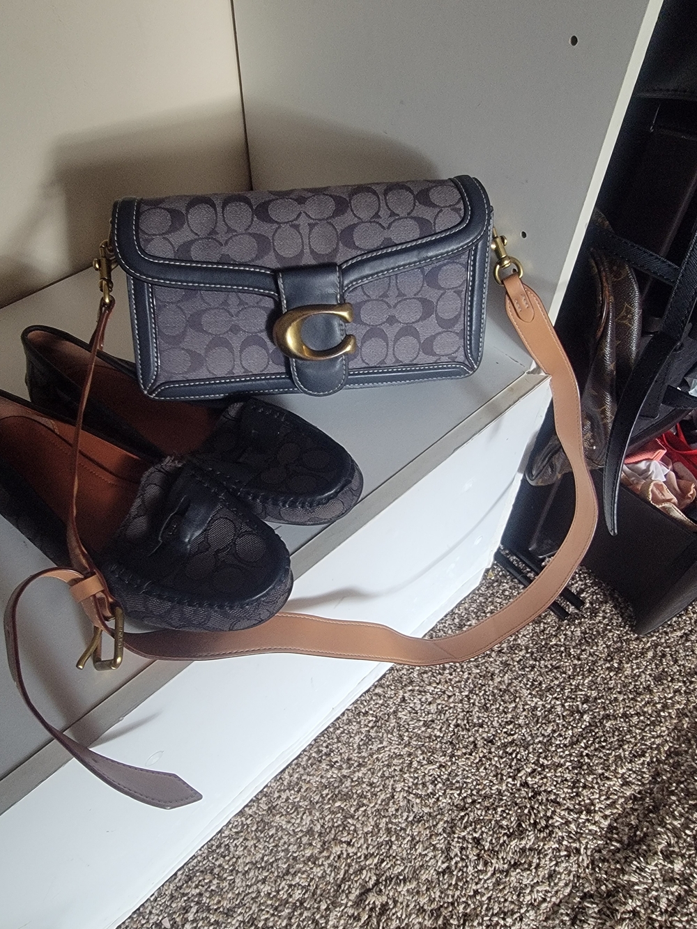 Coach Signature Canvas Shoulder Bag in Charcoal with Tan Strap